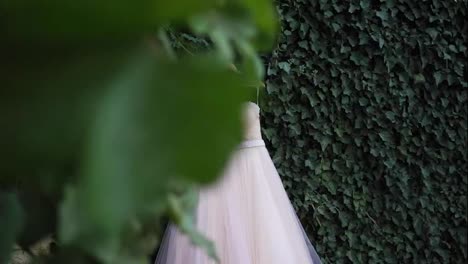 Wedding-dress-with-pearls-hanging-on-a-shoulders-in-green-garden-before-ceremony.-Wedding-dress-close-up