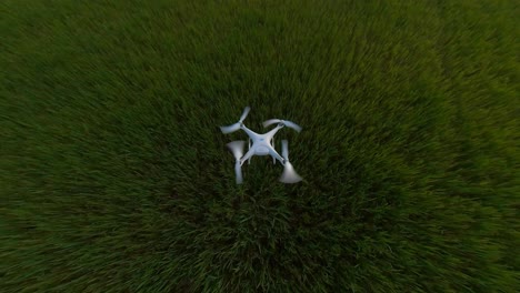 Slow-motion-shot-of-a-drone-flying-low-over-green-agricultural-fields