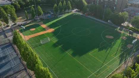 Drone-shot-of-a-multipurpose-playfield-in-Seattle-at-sunrise