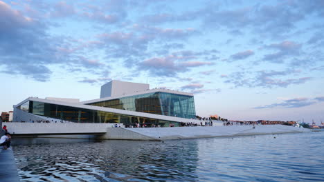 Static-Low-Angle-Shot-of-The-Norwegian-Opera-and-Ballet-Building-in-Oslo-at-Blue-Hour-Sunset