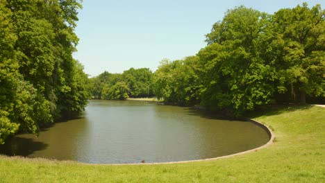 Malerischer-Teich-Im-Park-Bois-De-La-Cambre-In-Brüssel,-Belgien---Schwenken
