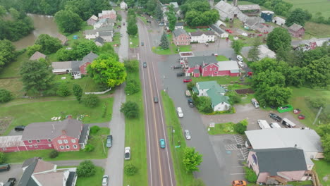 Aerial-View-of-Charming-Small-Town-in-Vermont-on-a-Beautiful-Summer-Day