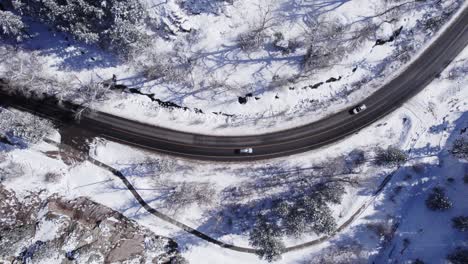 Cars-driving-down-Winter-Road-in-Boulder-Canyon,-Colorado---Aerial-Drone-Footatge---Daytime