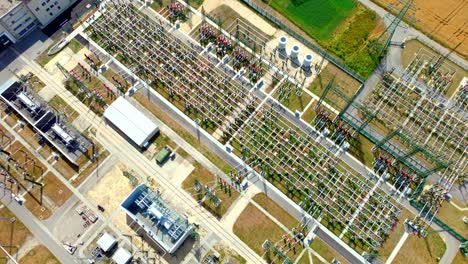 Aerial-Top-View-Of-High-voltage-Distribution-Substation---drone-shot