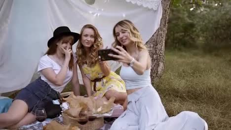 Cheerful-caucasian-girls-taking-selfie-on-smartphone.-Young-cute-women-with-sesual-facial-expressions.-sitting-on-a-plaid-on-the-grass-outdoors.-Friendship,-picnic,-bachelorette-concept