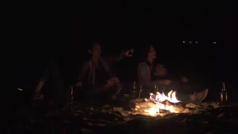 Two-cute-couples-embracing-each-other-and-sitting-by-the-bonfire-late-at-night-looking-at-the-stars