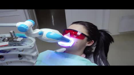 Junge-Frau-Mit-Einem-Expander-Im-Mund-Und-Roter-Schutzbrille-Lässt-Sich-UV-aufhellen.-Ein-Ultraviolett-Bleaching-Gerät-Im-Einsatz-An-Den-Zähnen-Eines-Patienten
