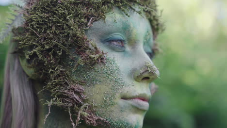 Close-up-of-a-female-avatar-wearing-green-bodypaint-watching-forwards-in-a-forest,-in-the-style-of-nature-inspired-forms