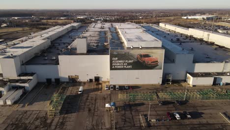 Aerial-sliding-shot-of-the-Ford-Mustang-Assembly-Plant,-Flat-Rock-Michigan-with-a-catastrophic-gas-leak-for-the-environment