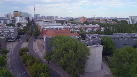 Breathtaking-aerial-top-view-flight-Jewish-Museum-city-Berlin-Libeskind-Building,-Germany-Summer-day-2023