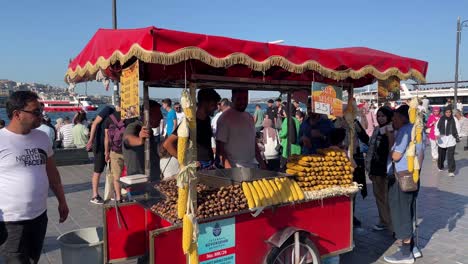 Street-cart-vendor-selling-and-grilling-fire-roasted-chestnuts-and-corn-in-Eminonu-Pier-Kadikoy,-Istanbul,-Turkey