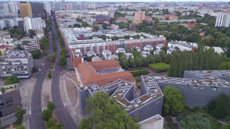 Fabulous-aerial-top-view-flight-Jewish-Museum-city-Berlin-Libeskind-Building,-Germany-Summer-day-2023