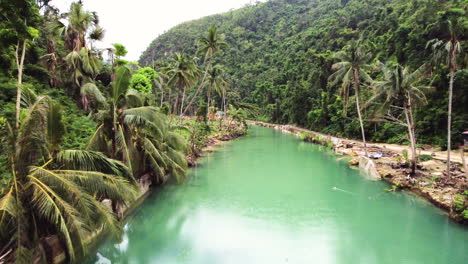 Cinematic-drone-shot-moving-along-a-green-river-in-the-tropical-forest-of-Cebu-Philippines,-aerial,-Asia