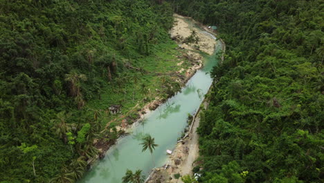 Revealing-aerial-shot-a-river-with-palm-treas-in-the-forest-of-Cebu-Philippines,-Drone,-Cinematic