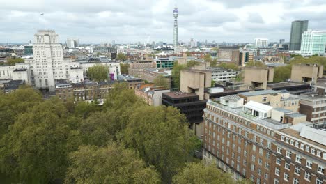 City-Buildings-of-London,-England,-Rising-Establishing-Aerial-Drone-Landscape