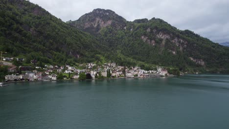 Swiss-Alps-Town-of-Vitznau-on-Lake-Lucerne,-Switzerland---Aerial-Landscape