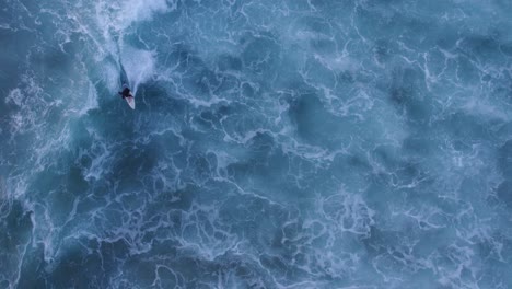 Von-Oben-Nach-Unten-Zeigt-Ein-Sportlicher-Junger-Surfermann-Mit-Surfbrett-Surfen-In-Perfekten-Meereswellen-In-Portugal,-Luftaufnahme