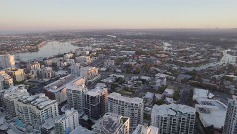 Hotel-and-Apartment-Buildings-along-the-Mooloolaba-Beach,-Queensland,-Australia-Aerial-Shot