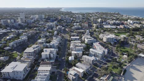 Panoramic-View-of-Kings-Beach,-Caloundra,-Sunshine-Coast,-Queensland,-Australia-Aerial-Drone-Shot