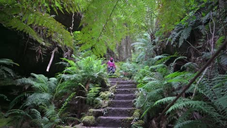 Indigenous-Australian-girl-walking-down-stairs-in-the-Blue-Mountains,-NSW-Australia