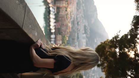 Beautiful-Woman-on-Vacation-Holiday-in-Monaco-at-Port-de-Fontvielle,-Cinematic-Vertical