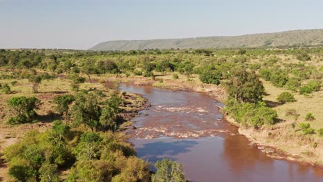 Maasai-Mara-Luftdrohnenaufnahme-Der-Masai-Mara-Flusslandschaft-In-Afrika,-Kenia-Von-Oben-Mit-Wunderschönem-Baumgrün-Und-üppigem-Grün,-Weite,-Hohe-Etablierungsaufnahme