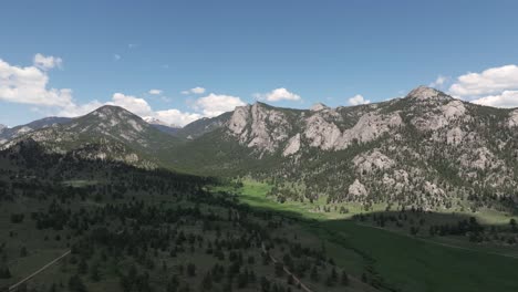Aerial-View-of-Rocky-Mountains-Landscape-Near-Estes-Park-on-Summer-Day,-Countryside-Roads-Between-Groves-and-Meadows