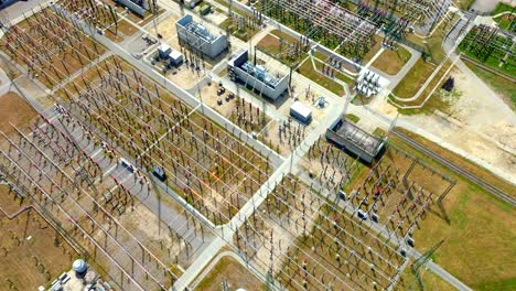 Flying-Above-Electrical-Substation---Power-Station---drone-shot