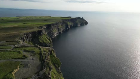 Drone-shot-of-the-Cliffs-of-Moher-at-sunset,-panning-from-left-to-right