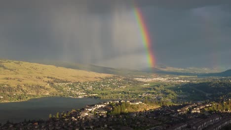Spion-Top-Mountain-Rainbow-Overlooking-Wood-Lake,-|-Beasly-Reiswig-Park,-Lakecountry,-interior-British-Columbia,-Canada-|-Okanagan-Landscape-|-Scenic-View-|-Oyama-|-Panoramic-View-|-Rain-Clouds