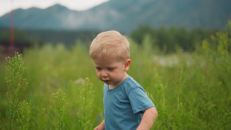 Toddler-boy-plays-with-high-green-grass-walking-in-field