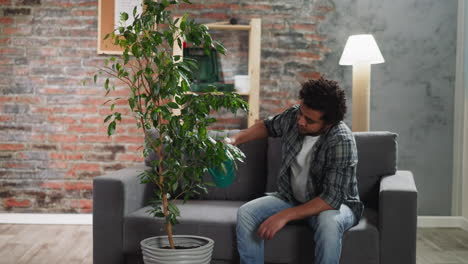 Young-black-man-waters-lush-potted-ficus-tree-at-home