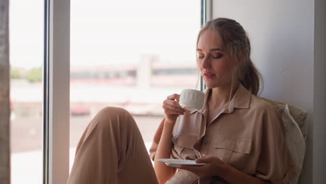 Pensive-woman-sits-on-windowsill-having-cup-of-hot-drink