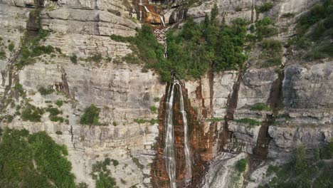Aerial-view-of-Bridal-Veil-Falls,-double-cataract-waterfall-in-Provo-Canyon,-Utah