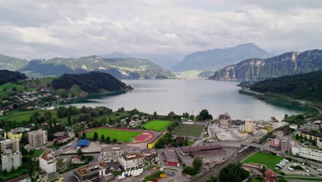 Gorgeous-Scenic-Landscape-of-Horw,-Lake-Lucerne-in-Switzerland---Aerial