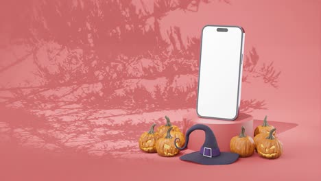 Festlicher-Halloween-roter-Hintergrund-Mit-Smartphone-Mockup-Vorlage,-Kopierraum