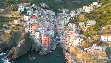 Cinque-Terre,-Italy-at-Sunset---Fixed-Aerial-View