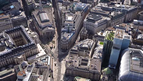 Aerial-view-of-the-Bank-of-England,-Royal-Exchange-and-Mansion-House,-London-UK