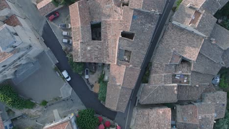 Aerial-Drone-Top-Down-Luberon-Provence-Saignon-France-Medieval-Town-at-Sunrise