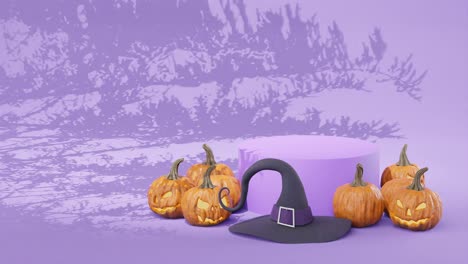 Rundes-Podium-Auf-Violettem-Halloween-Hintergrund,-Kopierraum-Für-Renderings,-Wiederholbar