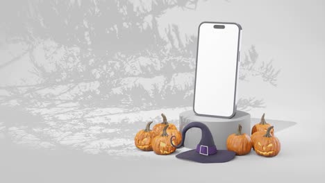 Mockup-mobile-phone-white-screen-with-festive-halloween-decoration,-copyspace