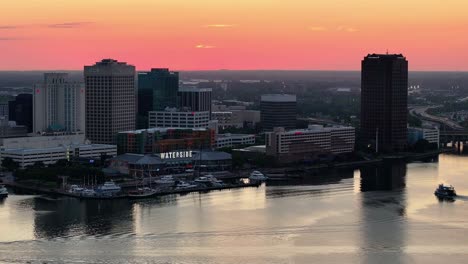 Drone-view-timelapse-of-sunrise-over-Norfolk-Virginia-waterfront