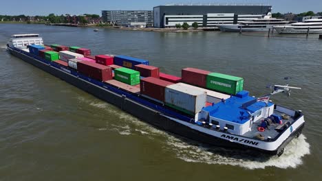 Aerial-view-of-a-cargo-container-ship-carrying-cargo-on-the-river-in-Alblasserdam-in-South-Holland