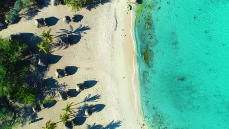 Rising-aerial-reveals-exclusive-sandy-beach-with-bungalow-umbrellas-and-palapas,-calm-ocean-waves-clear-water-on-Daaibooi-beach-in-Curacao