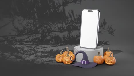Copyspace-template-on-smartphone-on-podium-in-Halloween-scenery-background