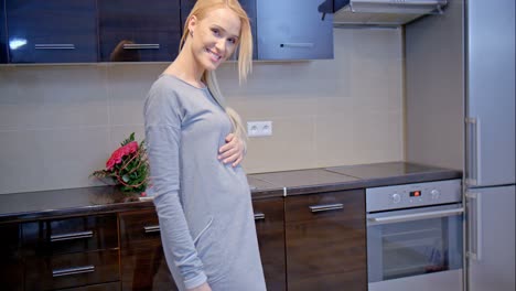 Mujer-Embarazada-Feliz-De-Pie-En-El-área-De-La-Cocina