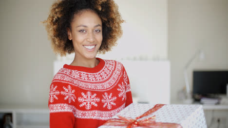 Sexy-Afroamerikanerfrau-Mit-Weihnachtsgeschenk