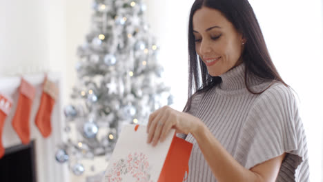 Young-woman-opening-a-Christmas-gift-bag