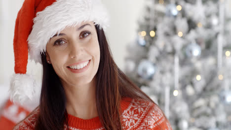 Lächelnde-Wunderschöne-Junge-Frau-In-Einer-Weihnachtsmütze