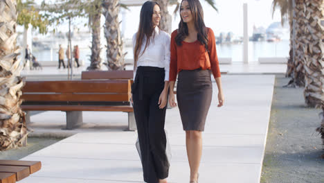 Two-stylish-elegant-women-walking-together
